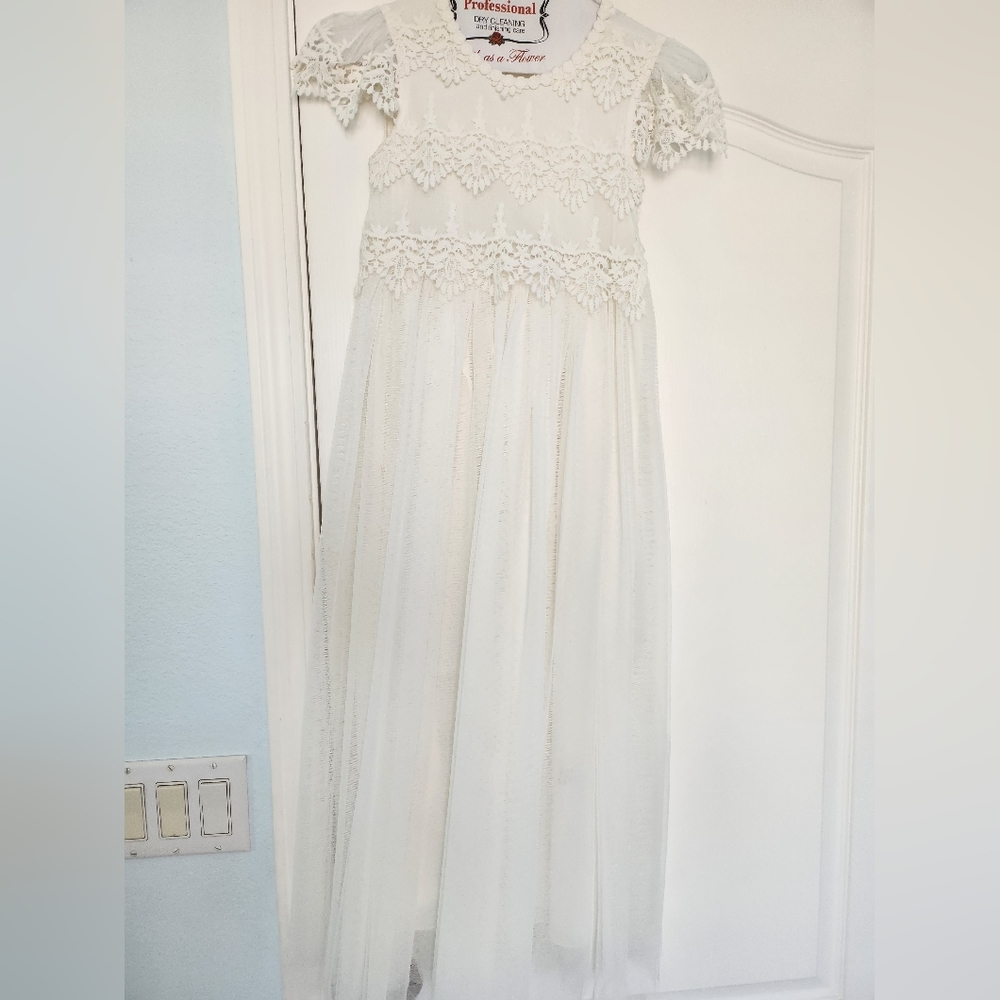 Girls Cream white embroidered tulle maxi baptism/communion dress 8